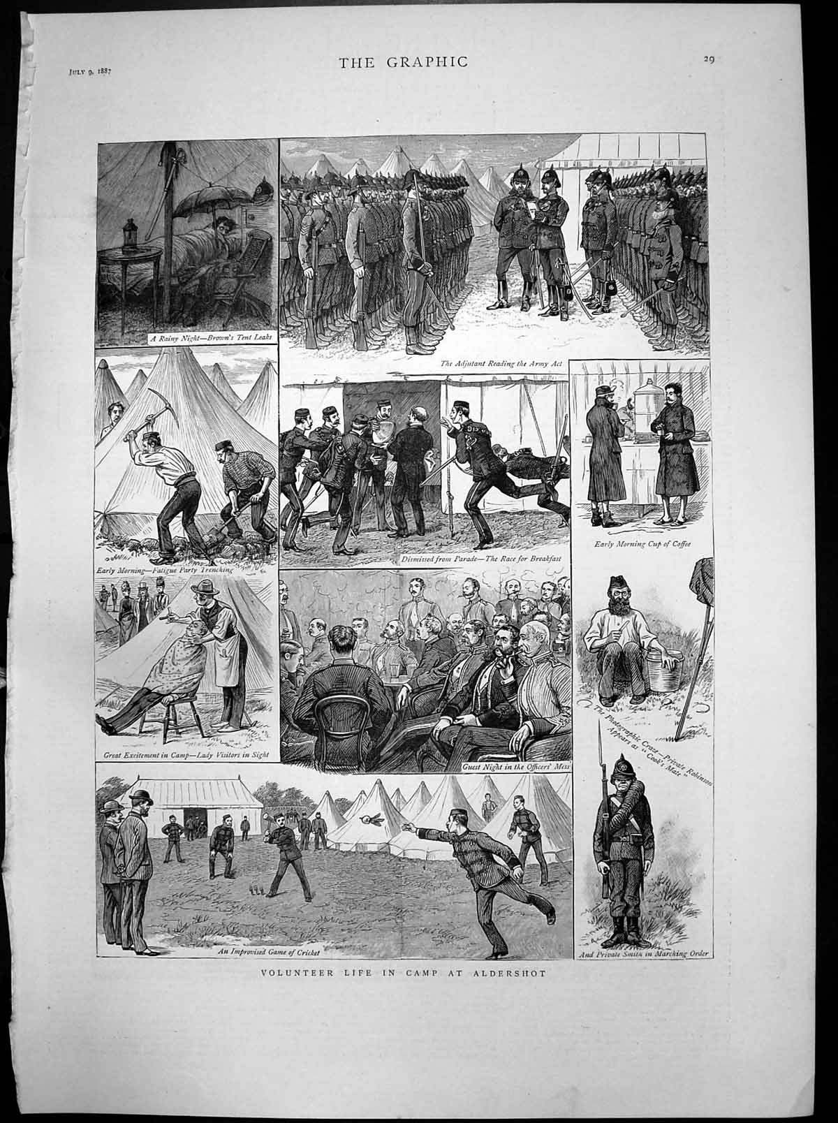 Antique Print Volunteer Life Camp Aldershot Adjutant Reading Army Act 1887 19th