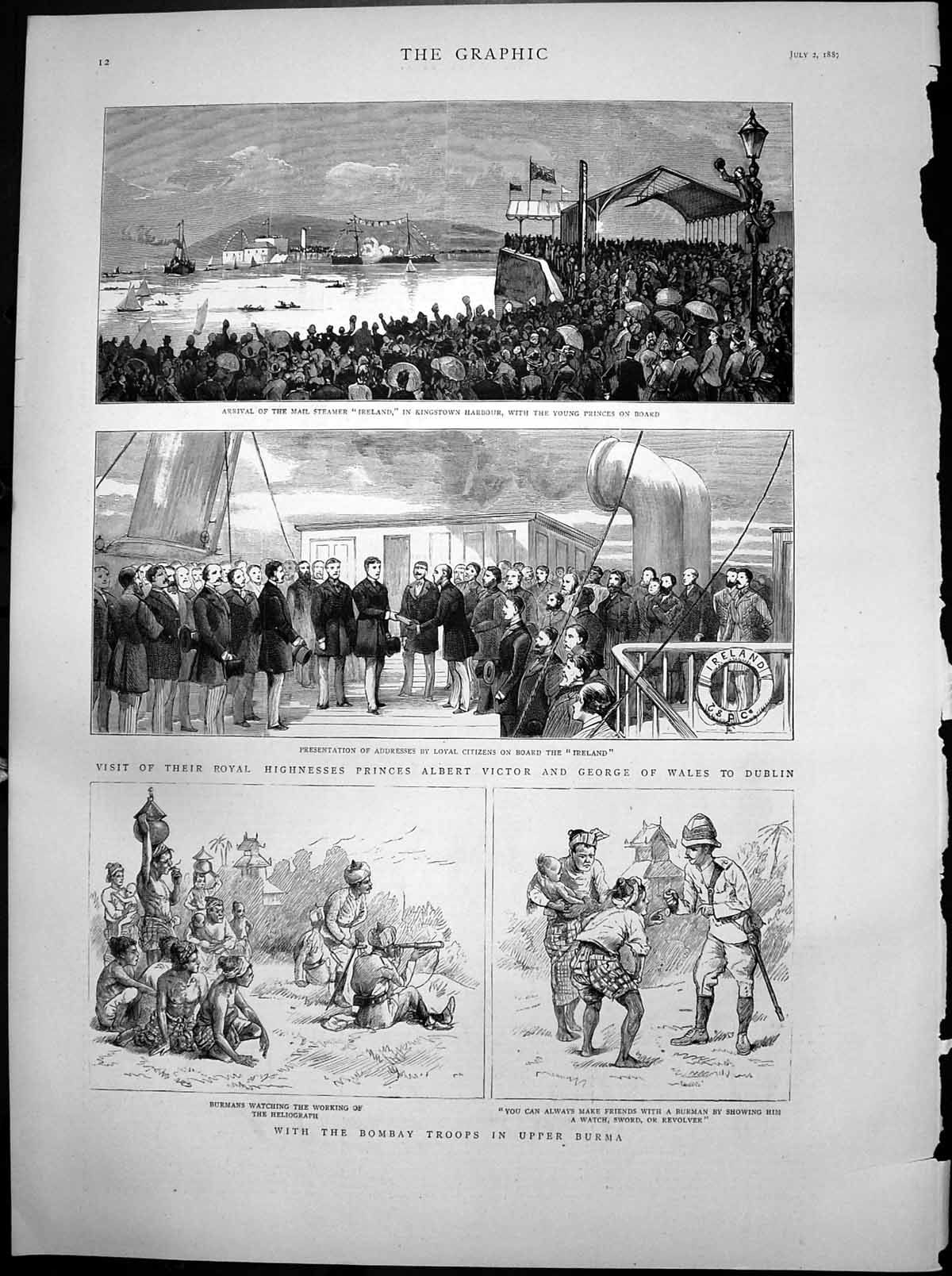Antique Old Print Bombay Troops Burma Princes Albert George Wales Dublin 1887