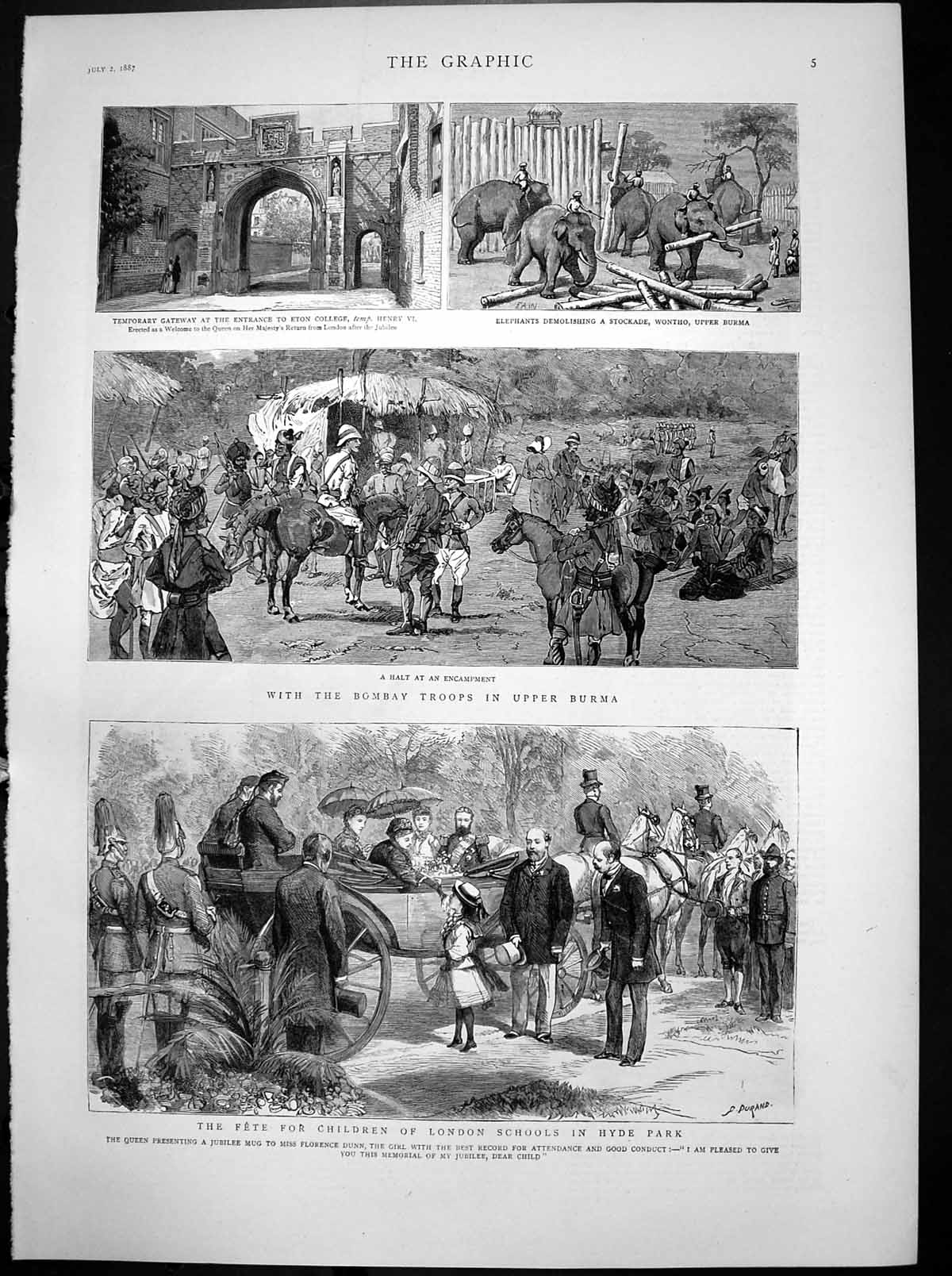Old Antique Print Bombay Troops Burma Fete Children London Schools 1887 19th