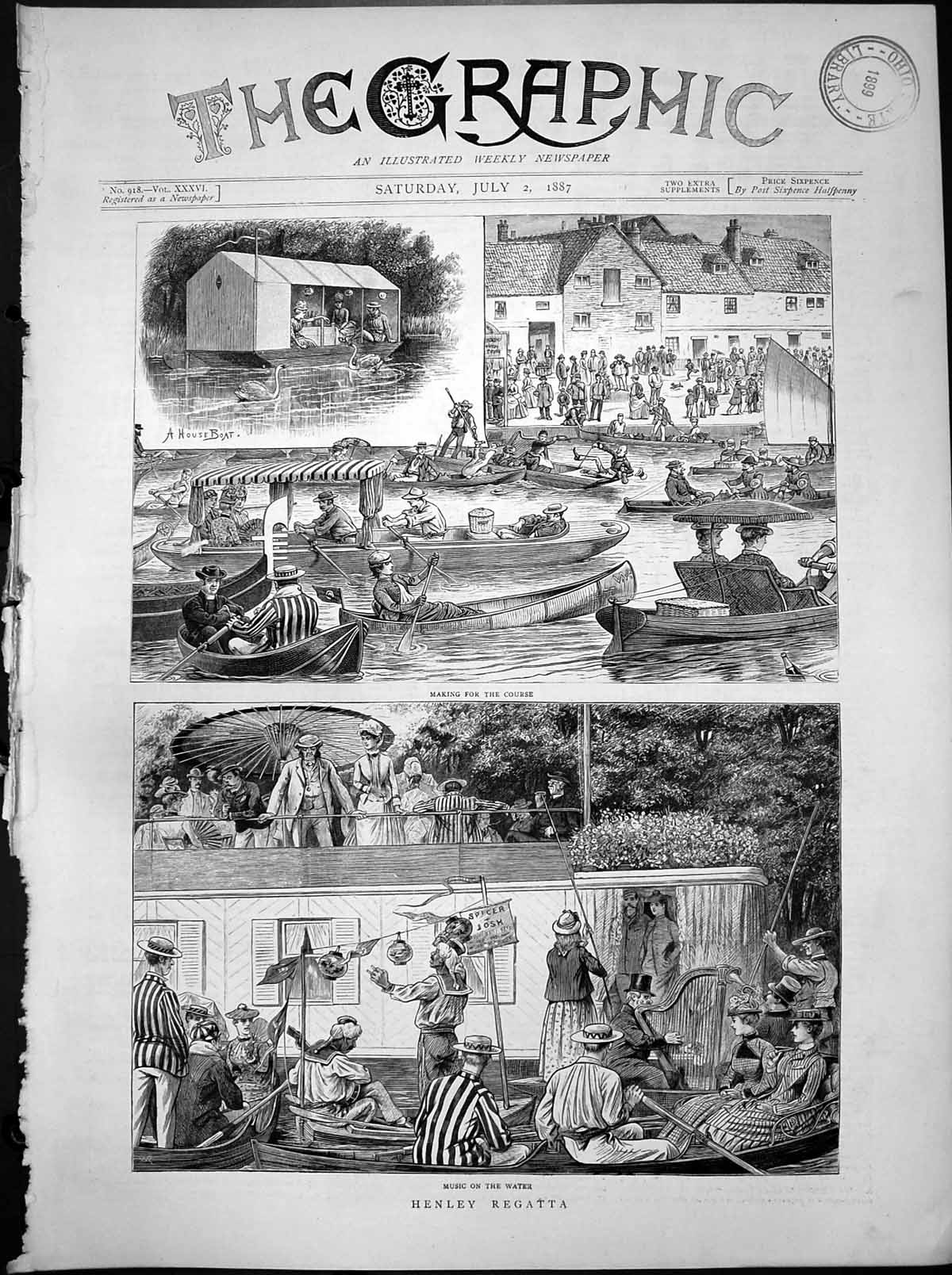 Old Antique Print Henley Regatta Houseboat Making Course Music Water 1887 19th
