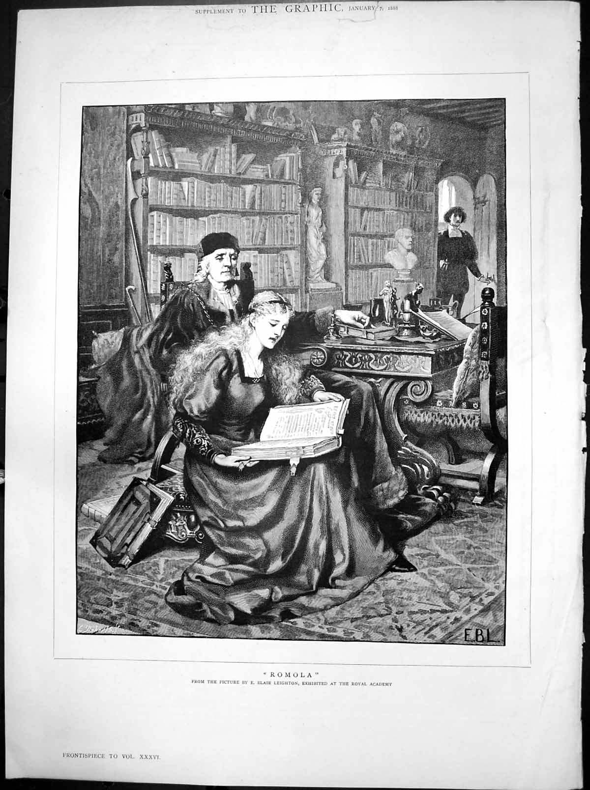 Antique Old Print Romola E B Leighton Royal Academy Woman Reading Study 1888