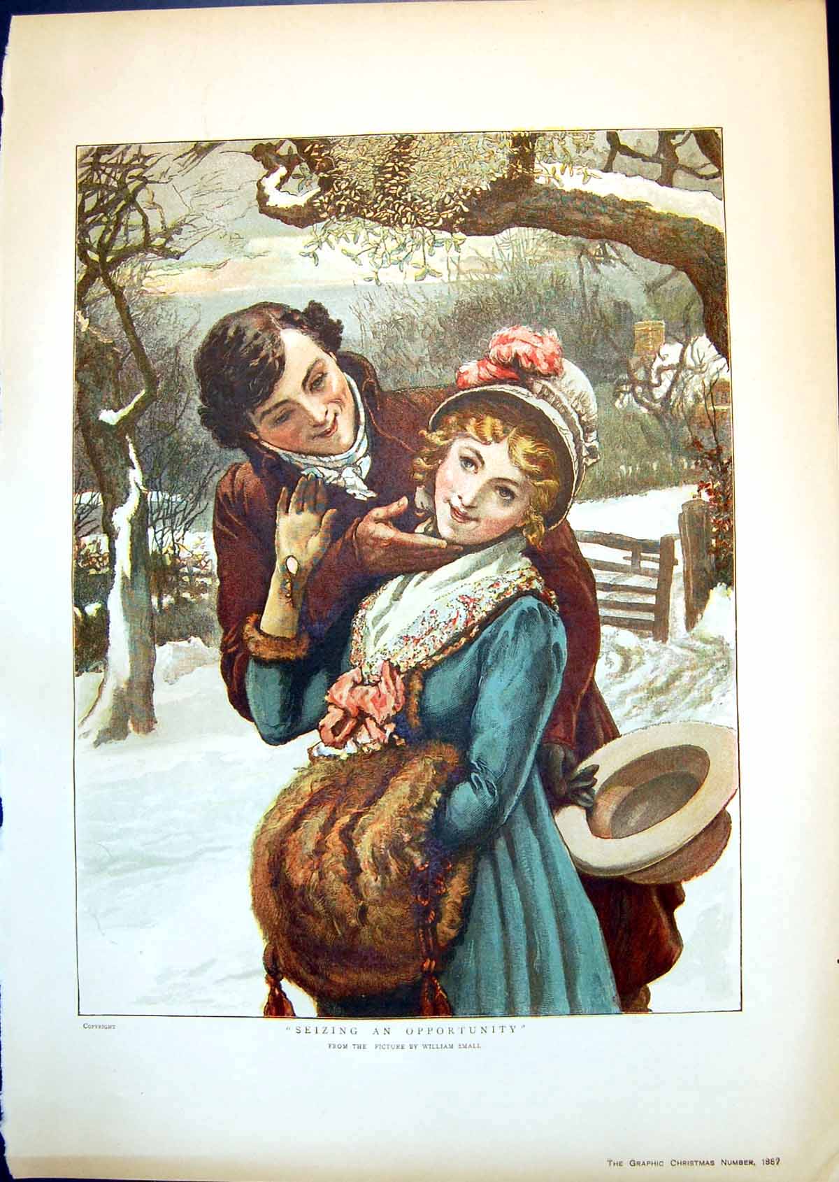 Antique Old Print Seizing An Opportunity William Small Couple Snow Kiss 1887