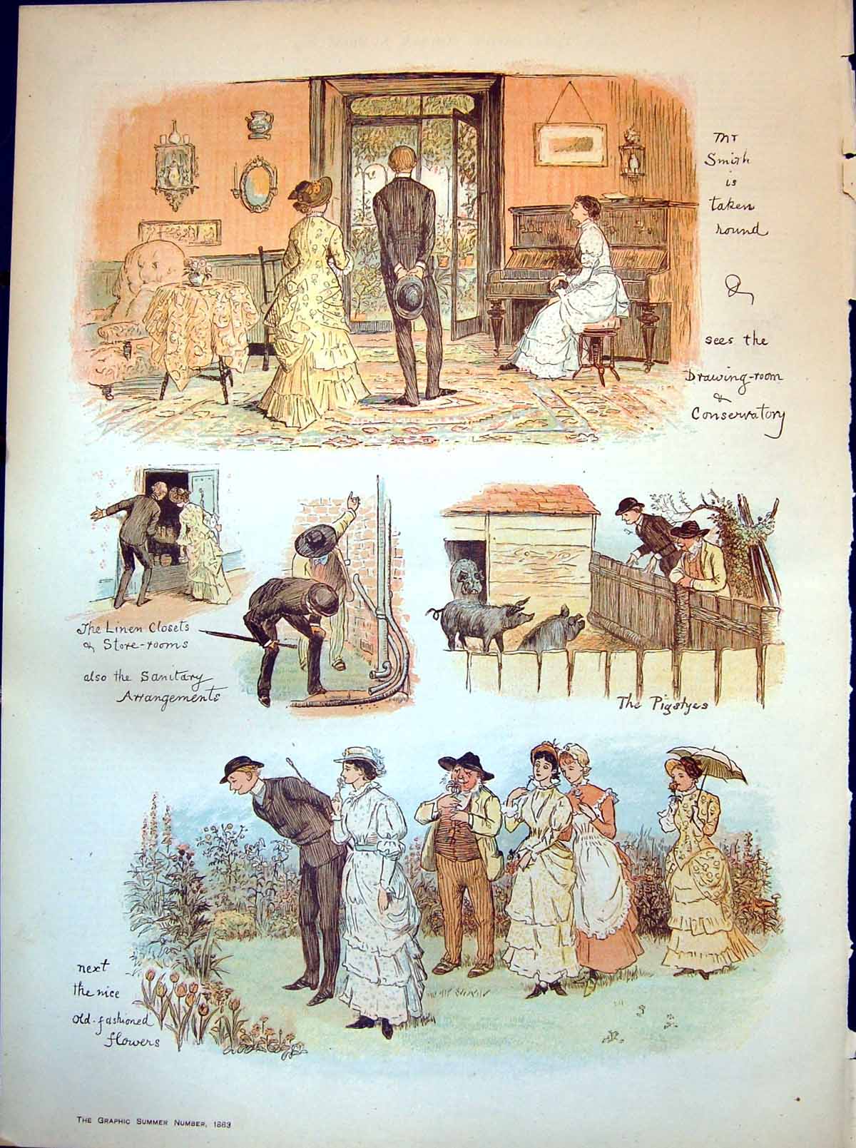 Antique Old Print Tankerville Smith Country Shown Drawing Room Flowers 1883