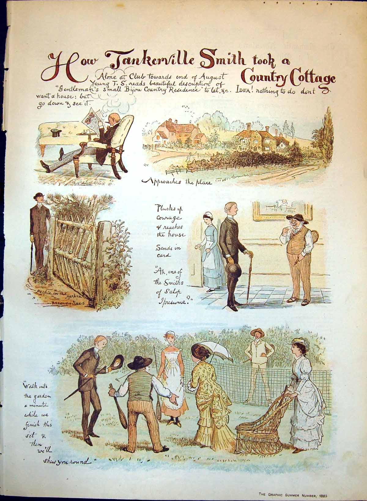 Antique Old Print Tankerville Smith Country Cottage Arrives House Garden 1883