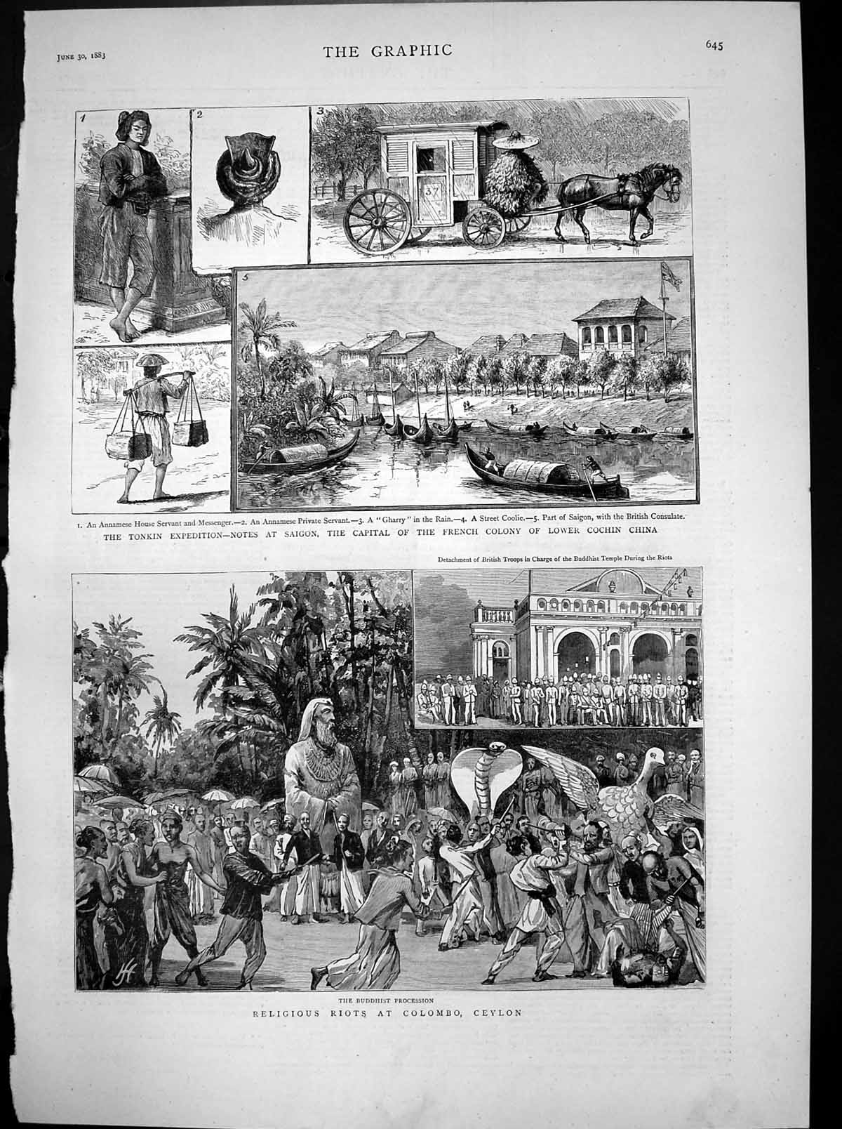 Antique Print Religious Riots Colombo Ceylon Tonkin Expedition Saigon 1883 19th