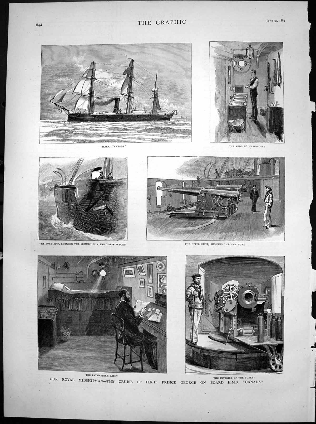 Antique Print Cruise Prince George On Board Hms Canada Upper Deck Guns 1883