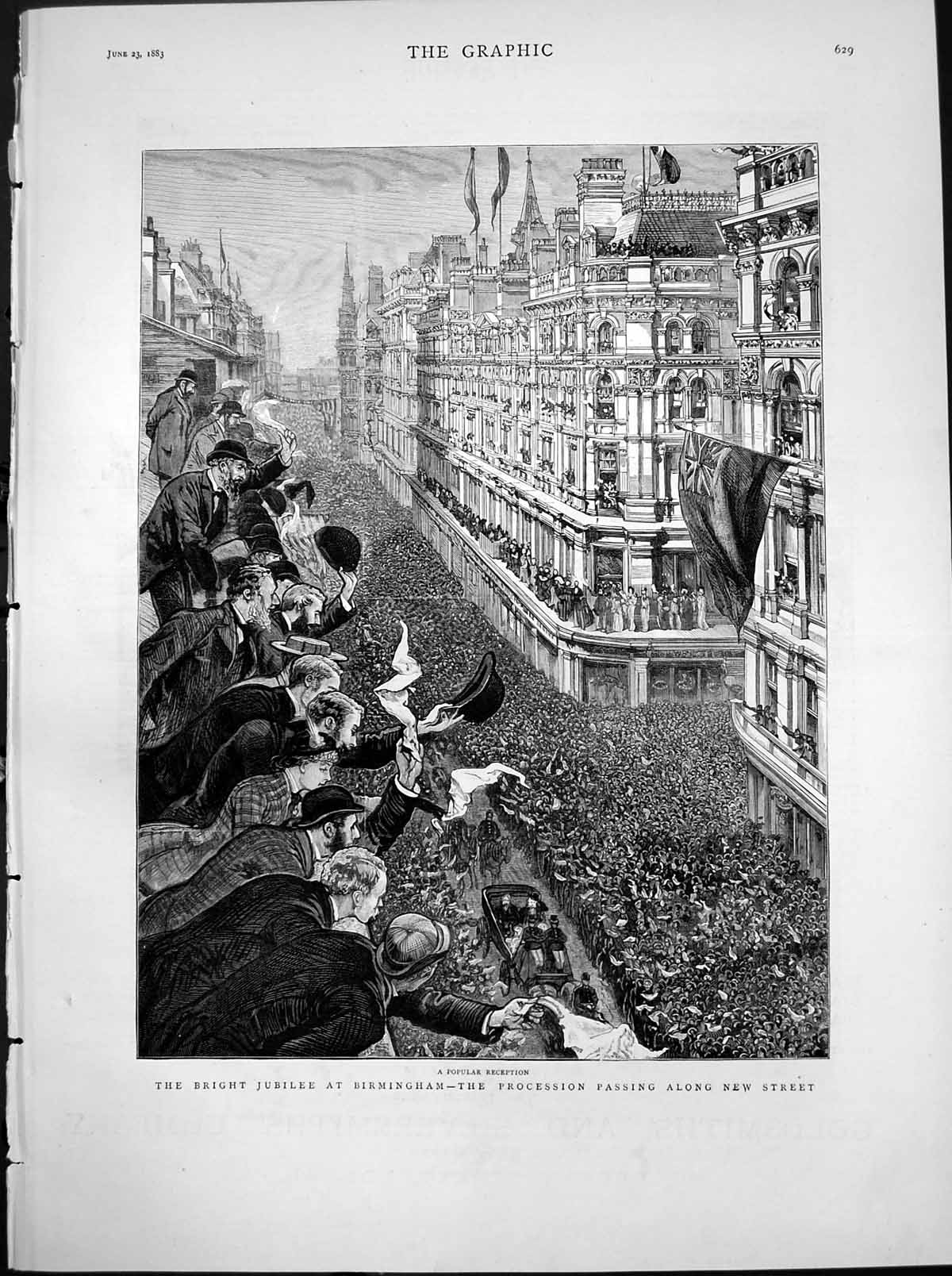 Antique Old Print Bright Jubilee Birmingham Procession Along New Street 1883
