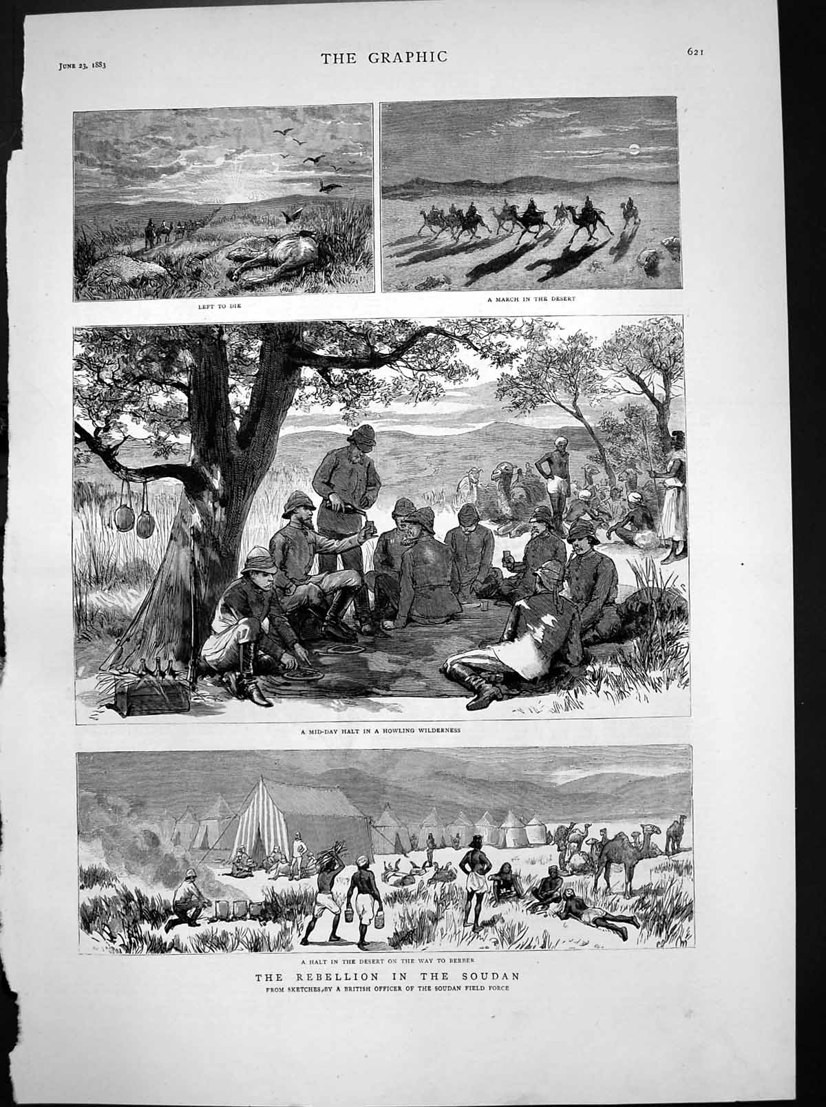 Antique Old Print Rebellion Soudan Halt Desert Way Berber March Desert 1883