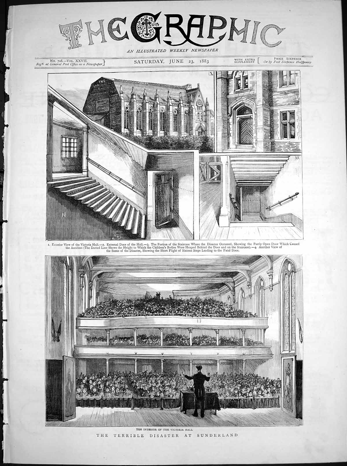 Old Print Disaster Sunderland Interior Victoria Hall Staircase Door 1883 19th