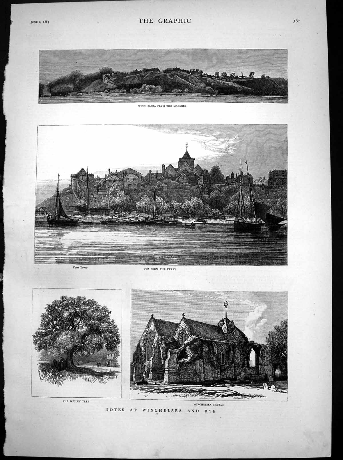 Original Old Antique Print Winchelsea Marshes Rye Ferry Ypres Tower Church 1883