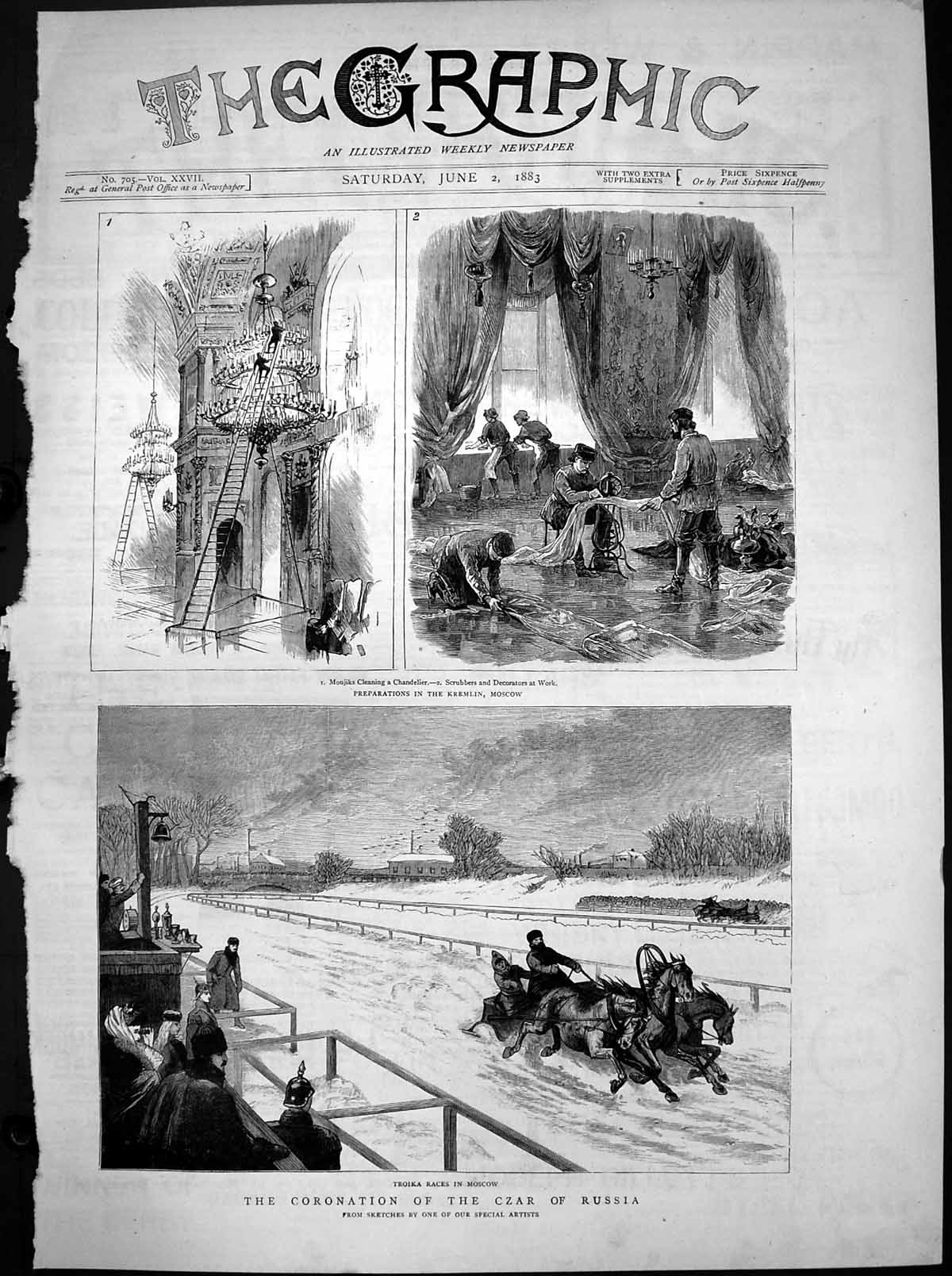 Antique Old Print Coronation Czar Troika Races Moscow Preparations Moscow1883