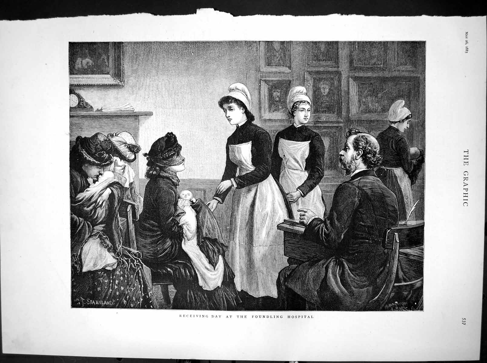Old Antique Print Receiving Day Foundling Hospital Deserted Infants 1883 19th