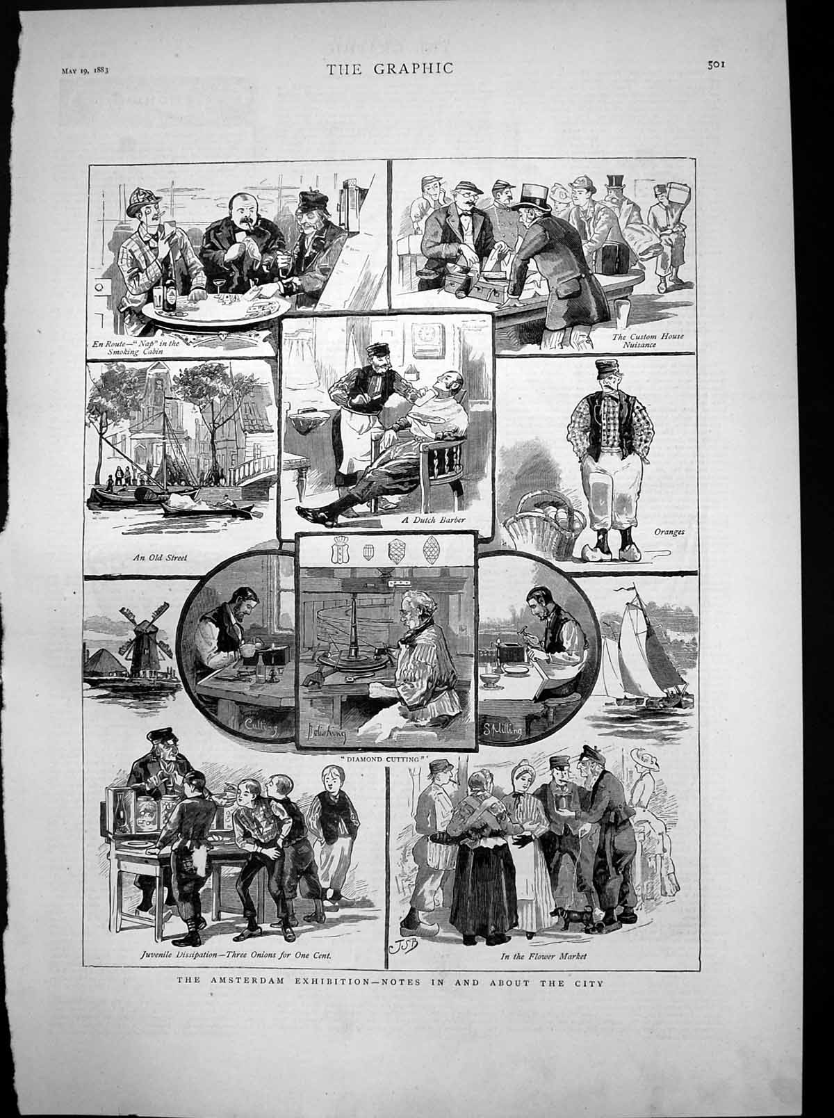 Old Antique Print Amsterdam Exhibition Flower Market Diamond Cutting 1883 19th