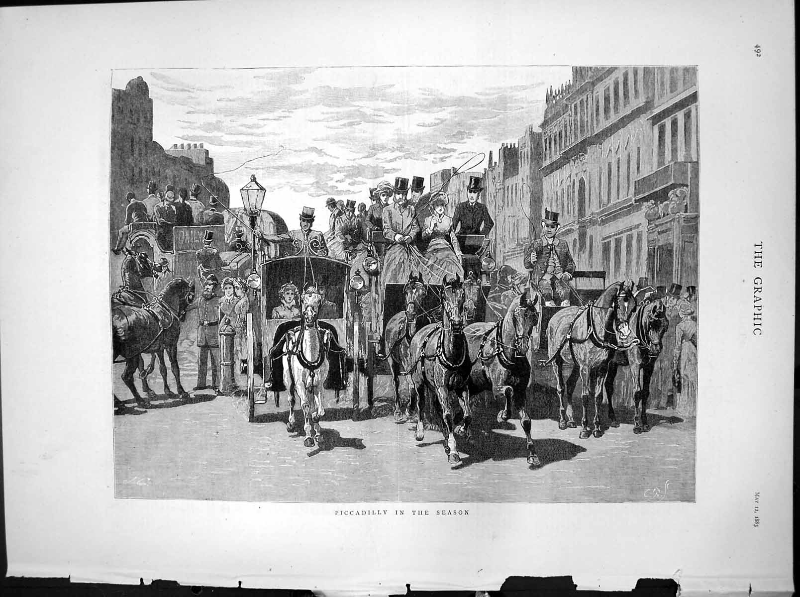 Original Old Antique Print Piccadilly In Season Street Horses Carriages 1883