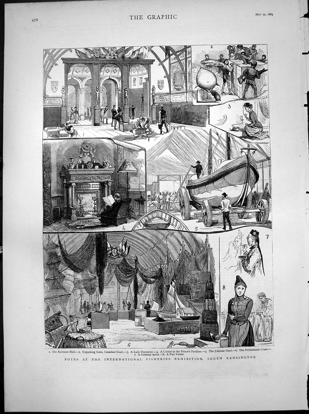 Old Print Fisheries Exhibition South Kensington Lifeboat Shed Swede 1883 19th