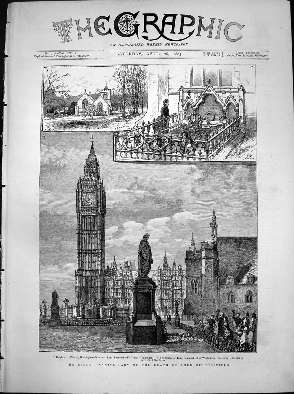 Antique Old Print Second Anniversary Death Lord Beaconsfield Hughenden 1883