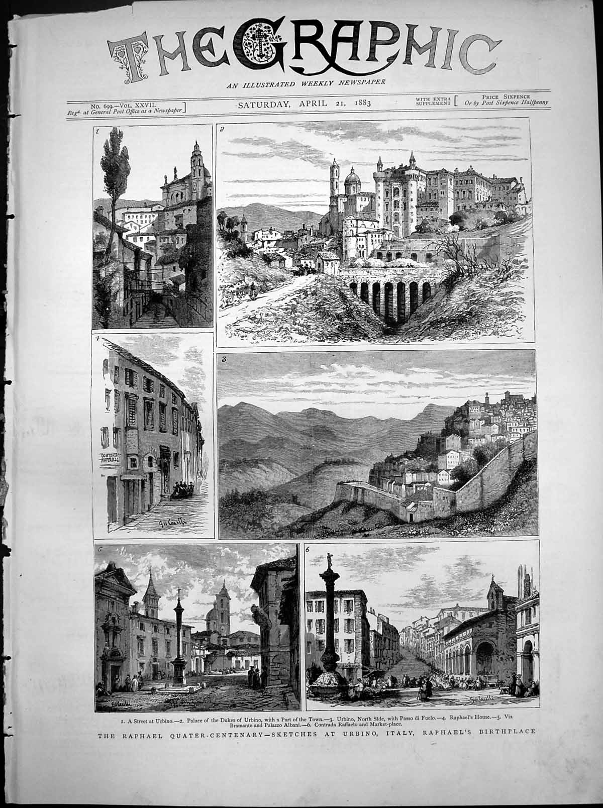 Antique Print Raphael Quater Centenary Urbino Italy Birthplace Market 1883 19th