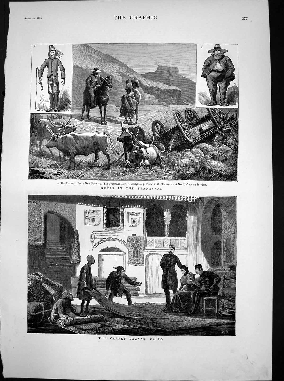 Original Old Antique Print Carpet Bazaar Cairo Transvaal Boer New Travel 1883
