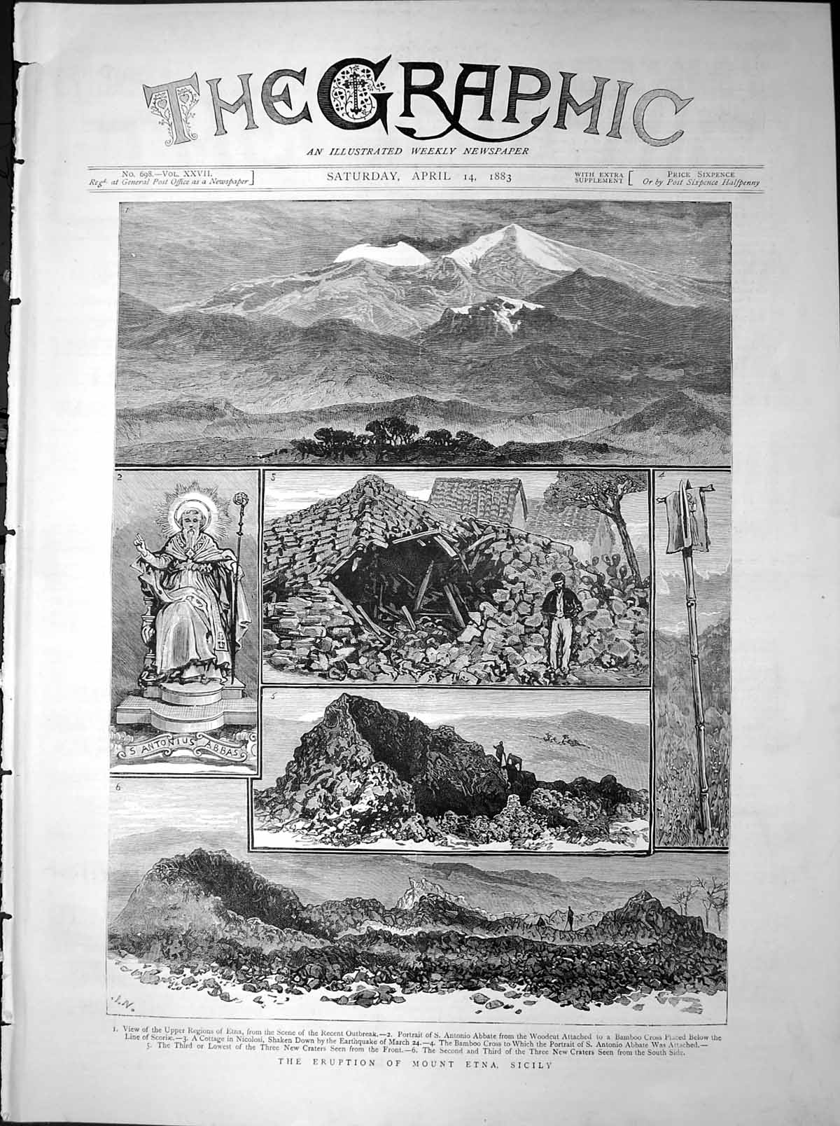 Antique Print Eruption Mount Etna Sicily Cottage Nicolosi New Craters 1883 19th
