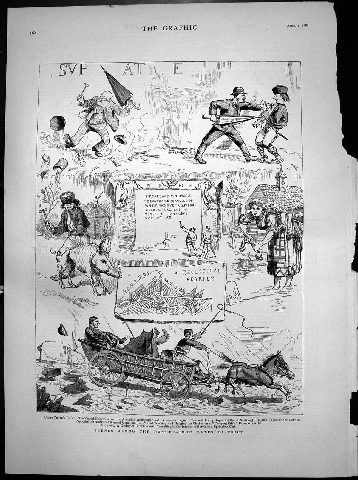 Old Print Danube Iron Gates District Trajans Tablet Servia Fisherman 1883 19th