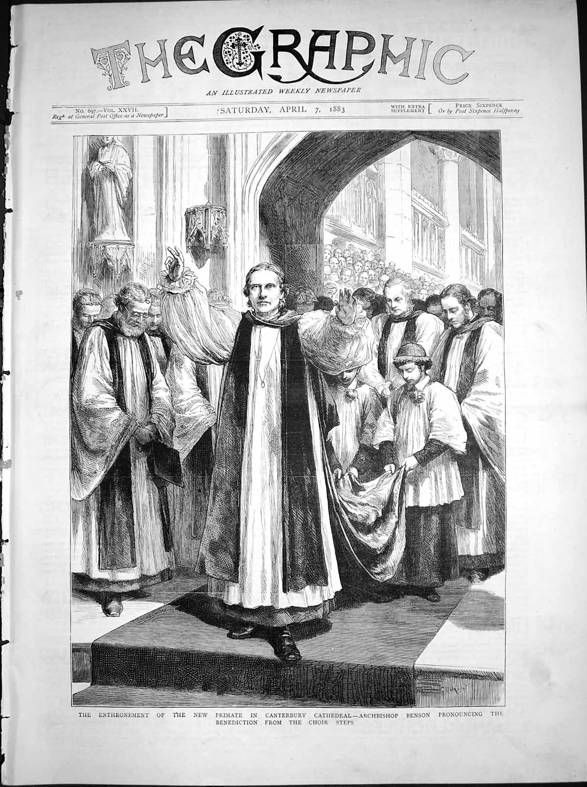 Old Antique Print Enthronement Primate Canterbury Cathedral Benson 1883 19th