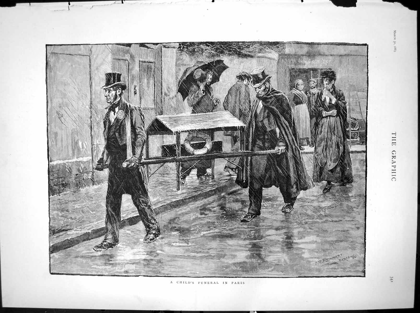 Old Antique Print Childs Funeral Paris Carrying Small Coffin Raining 1883 19th