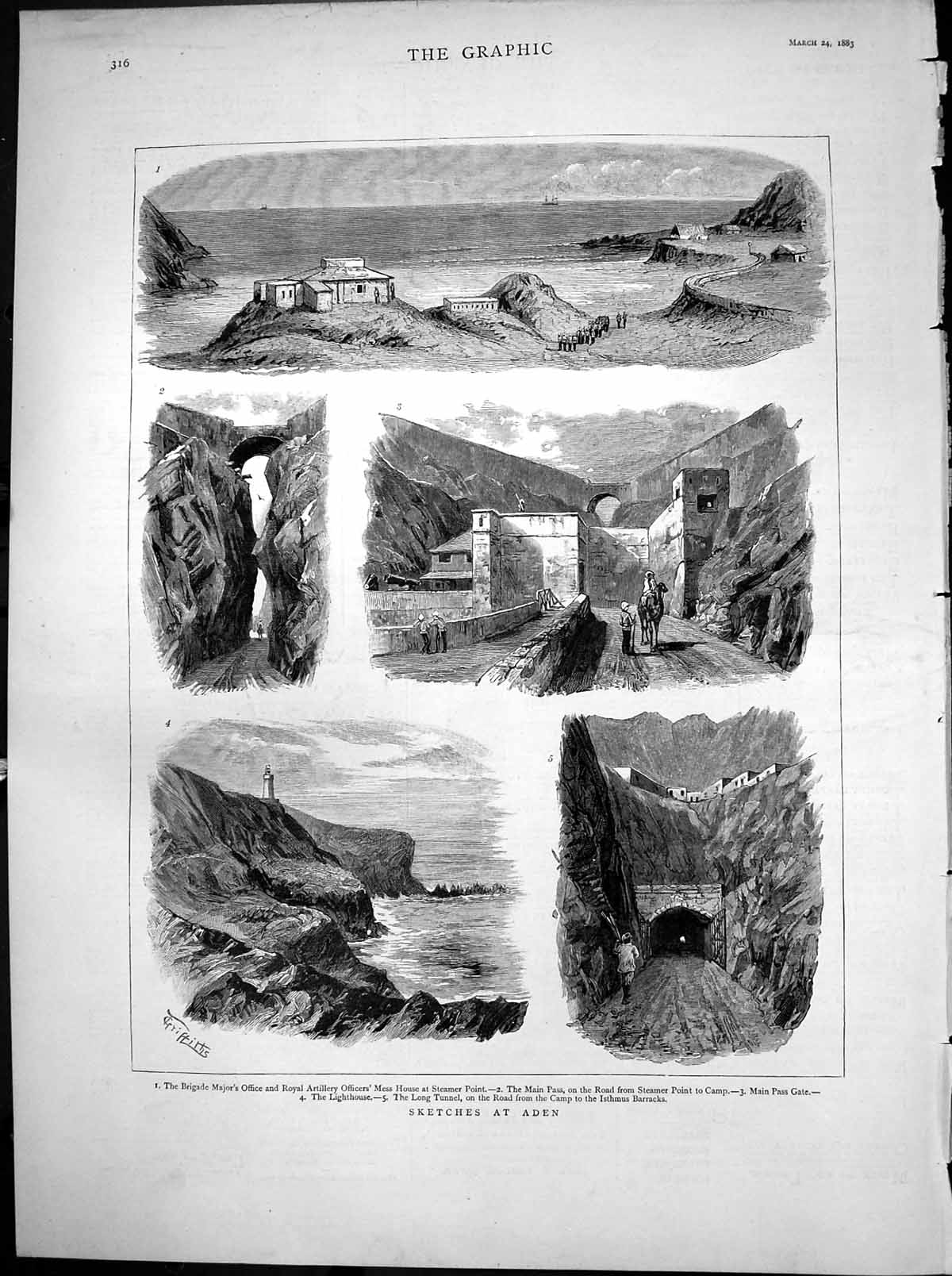 Antique Print Sketches Aden Lighthouse Main Pass Camp Isthmus Barracks 1883
