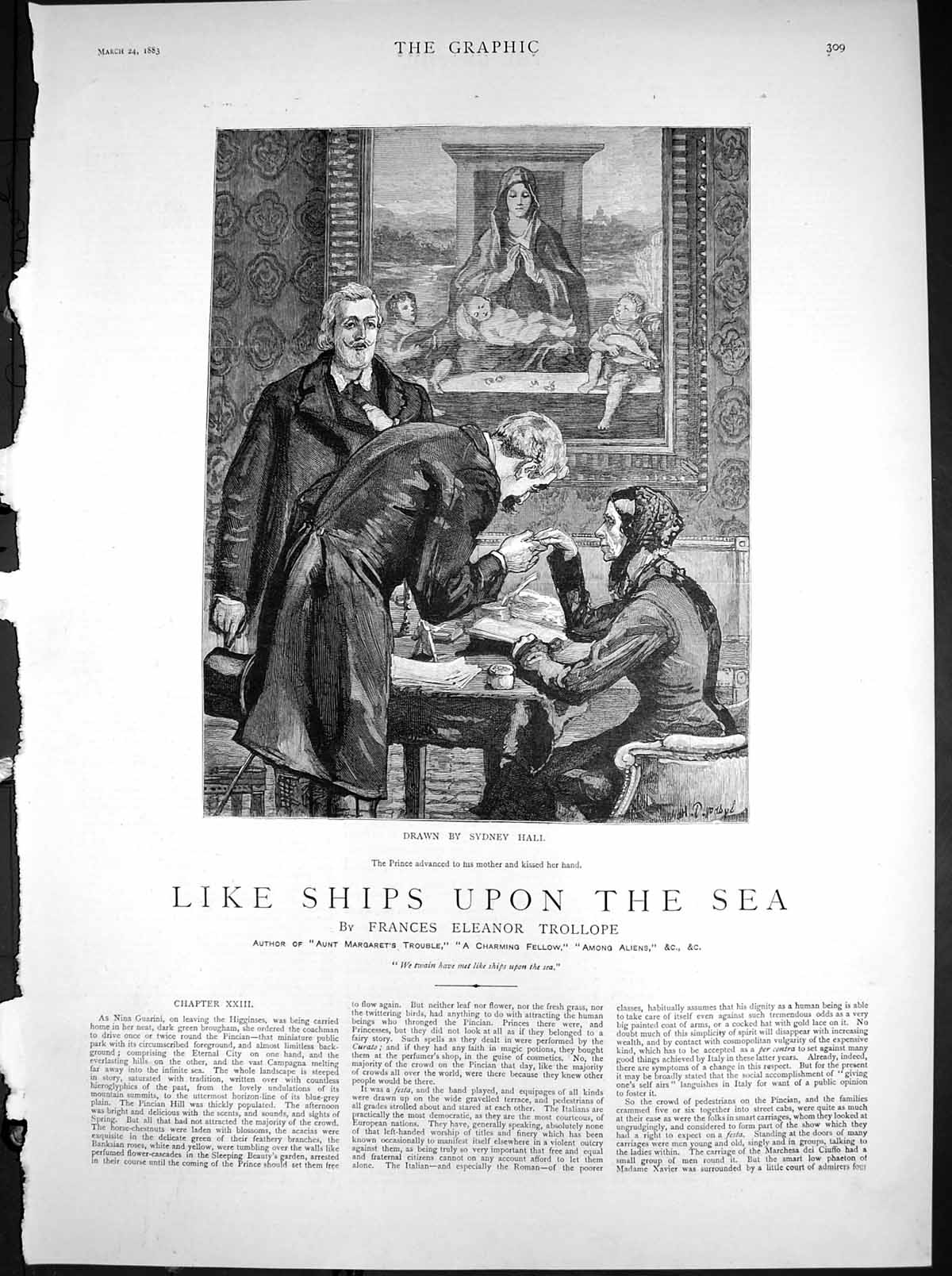Antique Old Print Like Ships Upon Sea S Hall Prince Kissed Mothers Hand 1883