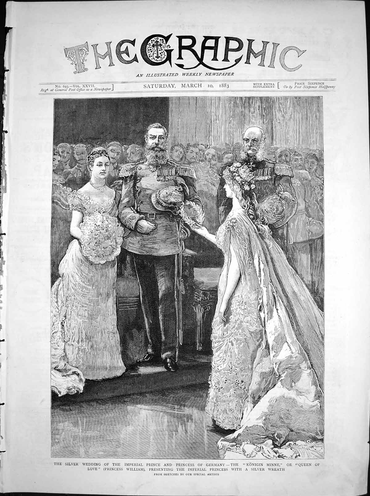 Antique Old Print Silver Wedding Prince Princess Germany Silver Wreath 1883