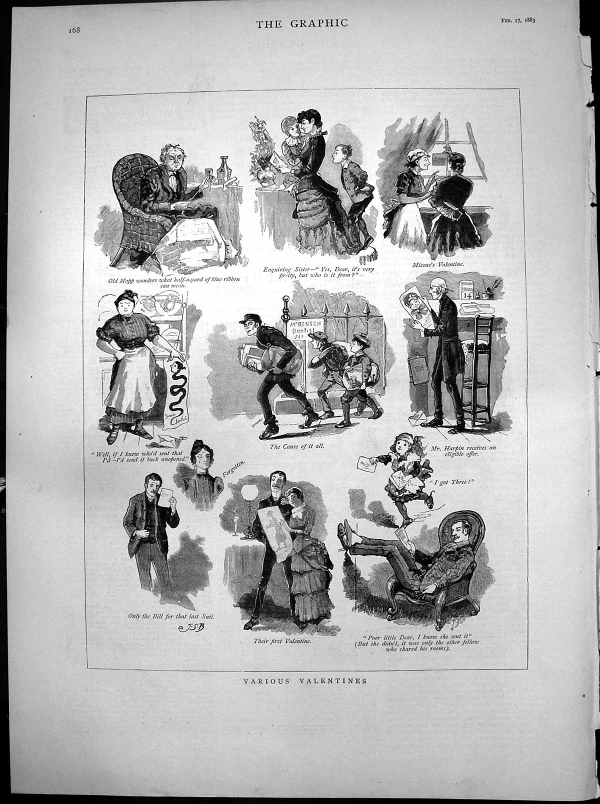 Old Antique Print Various Valentines Mopp First Valentine Bill Suit 1883 19th