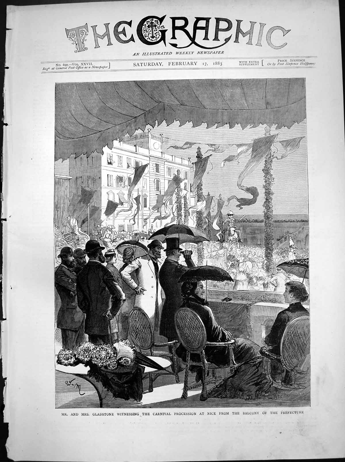 Antique Old Print Mr Mrs Gladstone Carnival Procession Nice Prefecture 1883