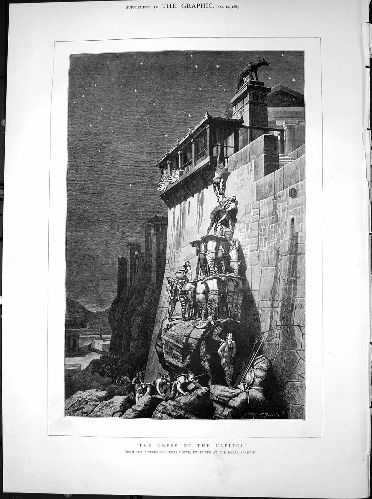 Antique Old Print Geese Capitol Henri Motte Royal Academy Ascent Wall 1883 19th