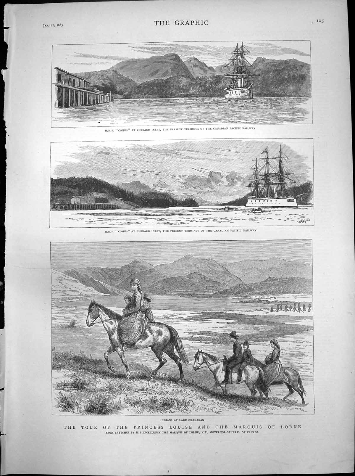 Antique Old Print Tour Princess Louise Marquis Lorne Hms Comus Burrard 1883