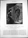 Antique Old Print Like Ships Upon Sea S Hall Man Uniform Woman Archway 1883