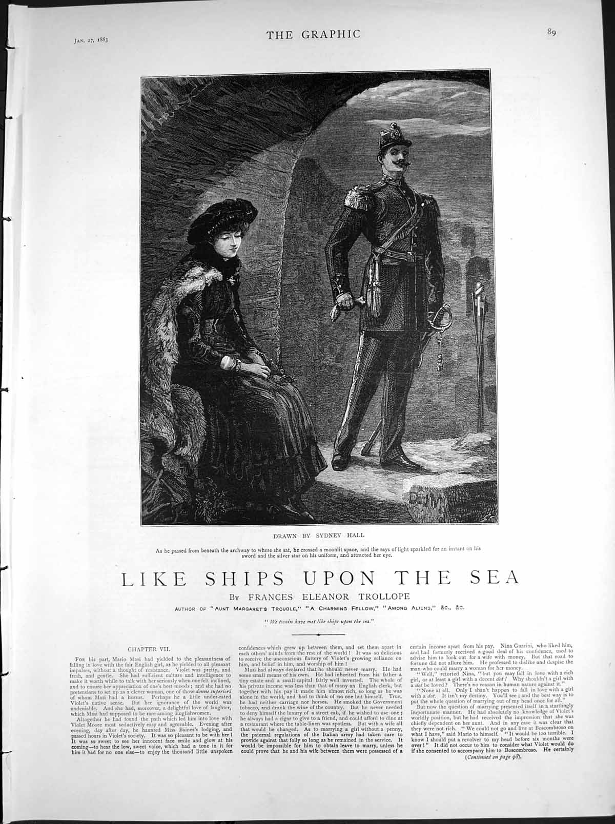 Antique Old Print Like Ships Upon Sea S Hall Man Uniform Woman Archway 1883