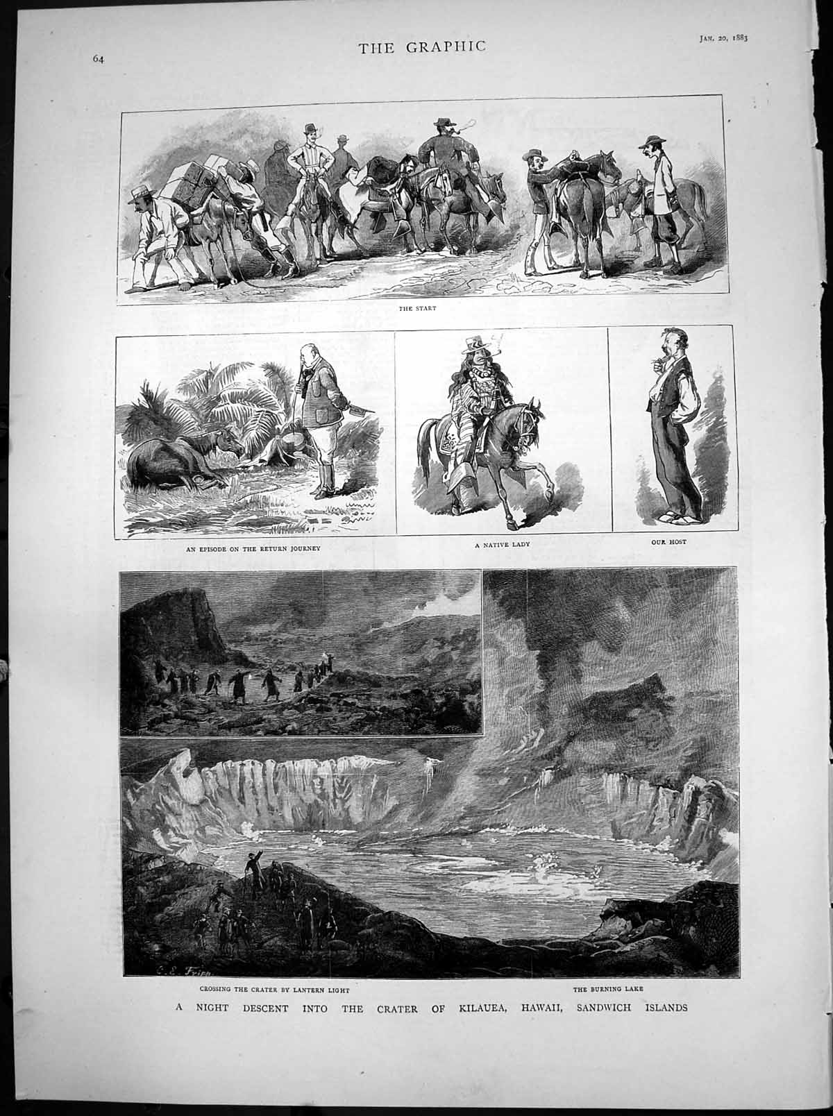 Antique Old Print Night Descent Crater Kilauea Hawaii Sandwich Islands 1883
