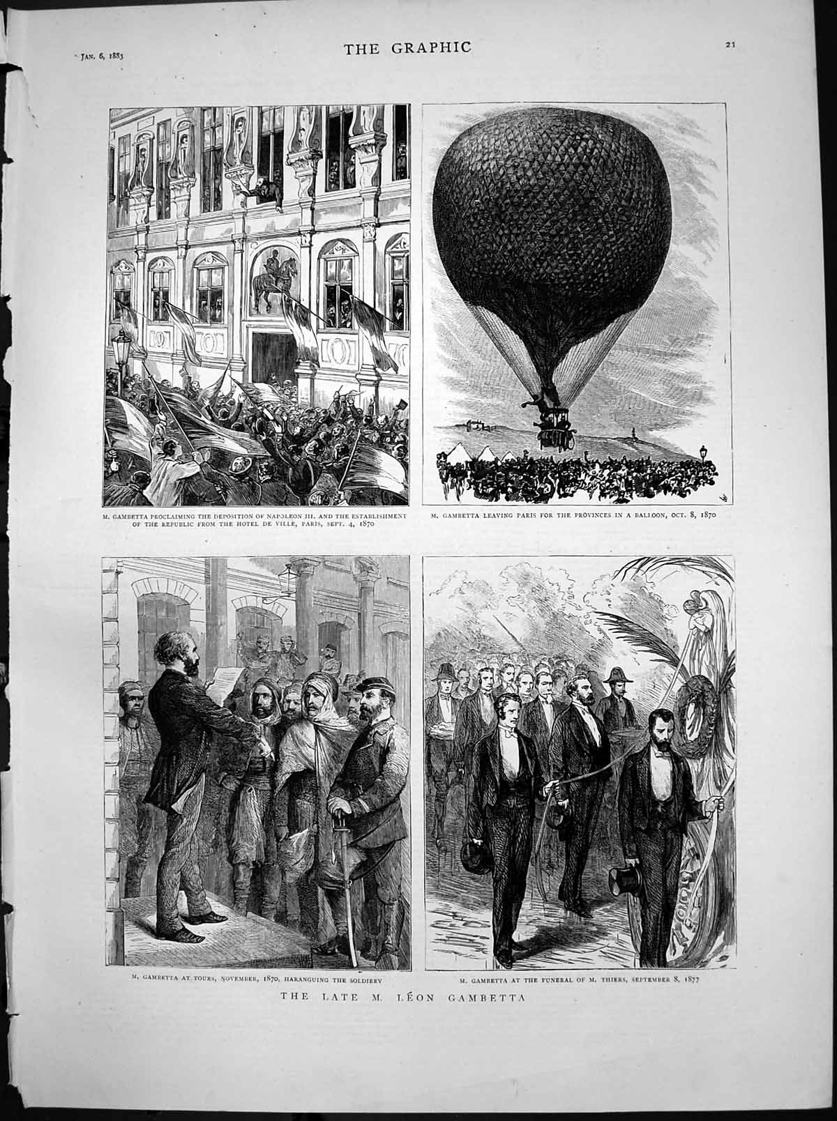 Old Antique Print Leon Gambetta Paris Balloon Funeral M Thiers Tours 1883 19th