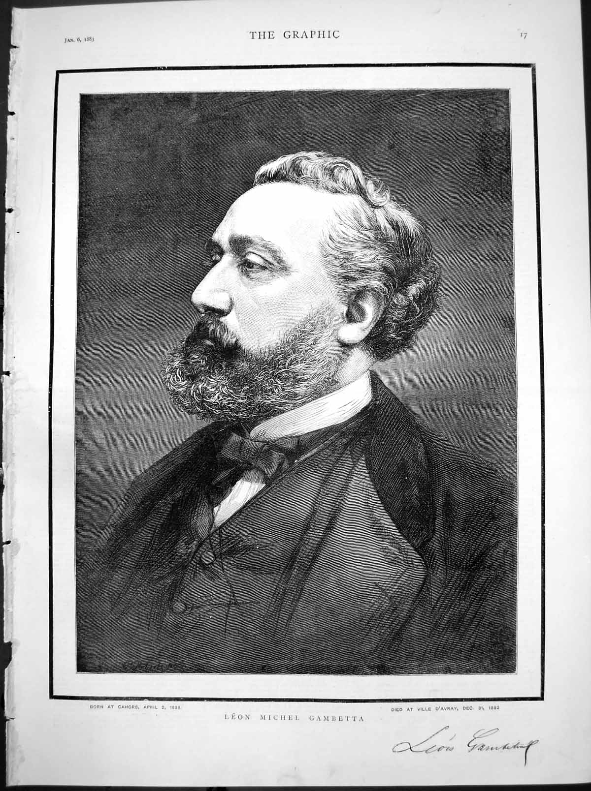 Old Print Portrait Leon Michel Gambetta Born 1838 Died Ville Davray 1883 19th
