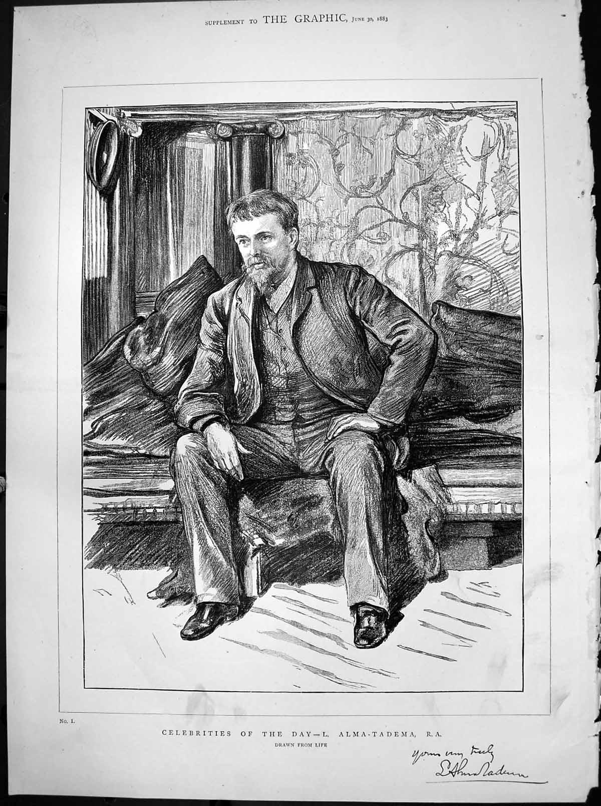 Old Antique Print Celebtities Day L Alma-Tadema R A Young Man Beard 1883 19th