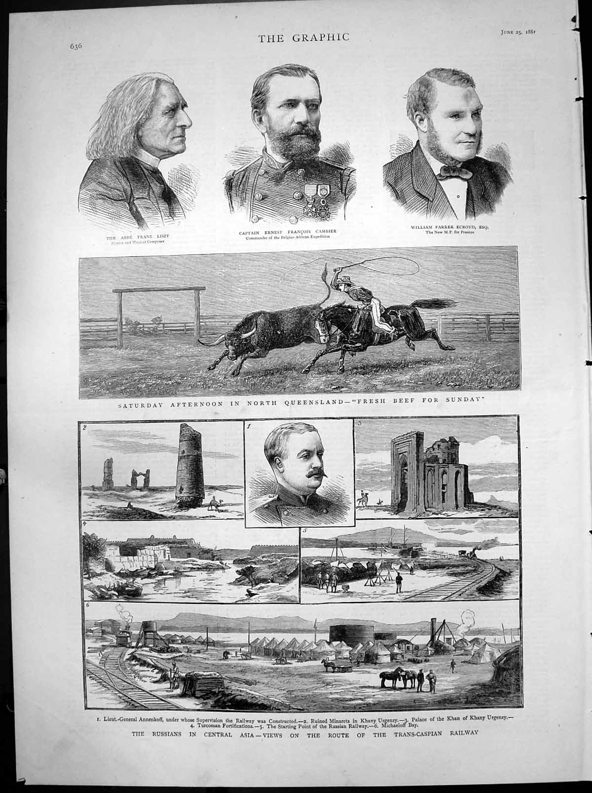 Old Print North Queensland Russians Central Asia Trans Caspian Rail 1881 19th