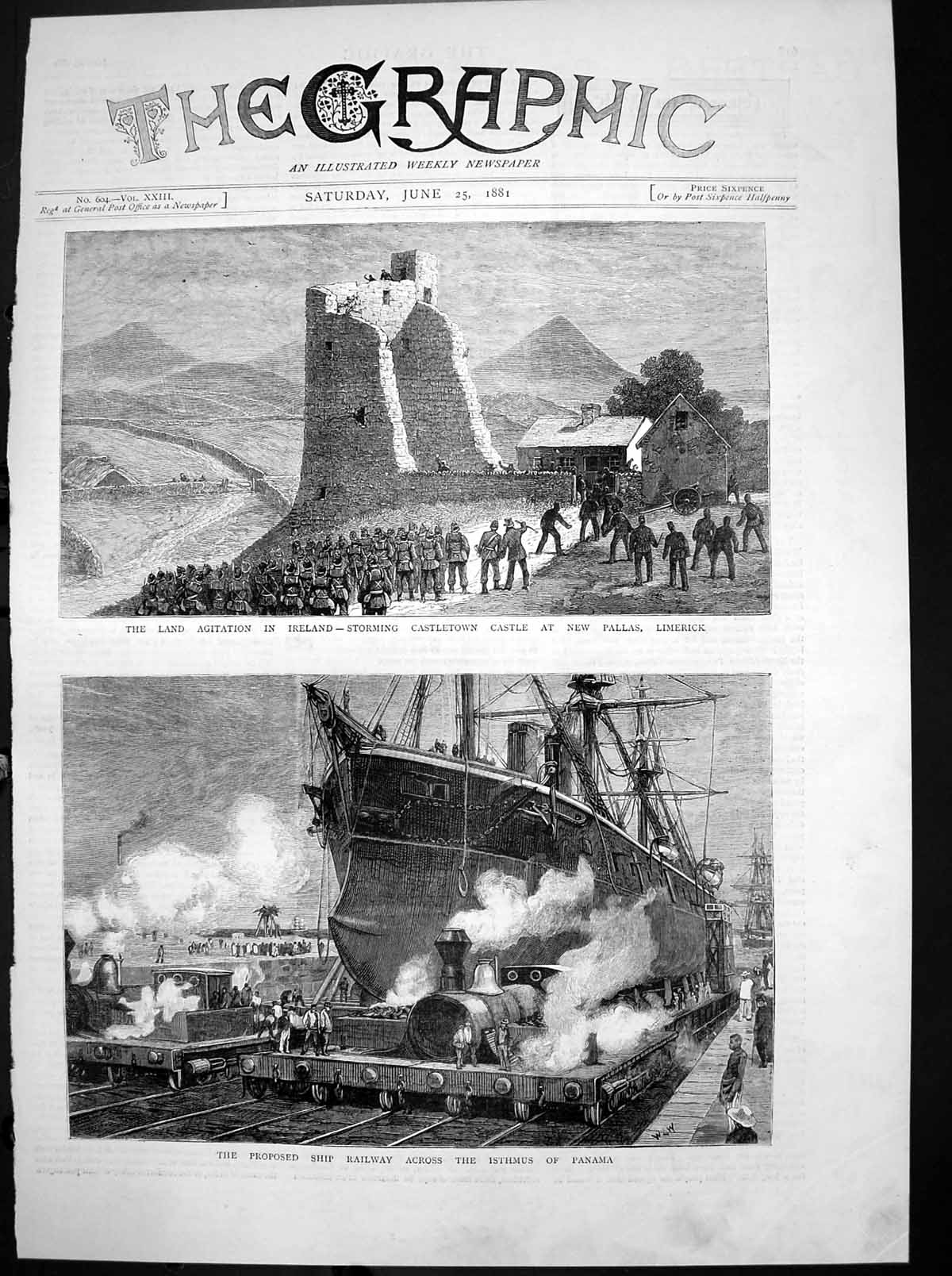 Antique Print Proposed Ship Railway Panama Storming Castletown Castle 1881 19th