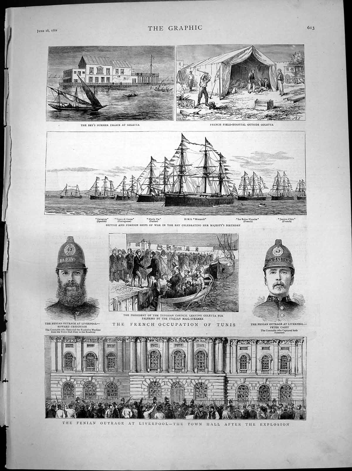Old Antique Print French Occupation Tunis Fenian Outrage Liverpool 1881 19th