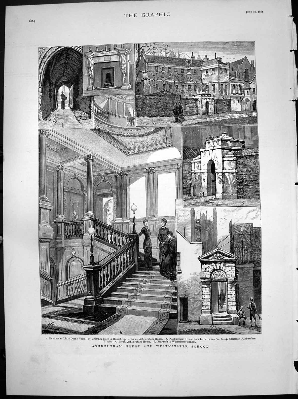 Antique Old Print Ashburnham House Westminster School Little Deans Yard 1881