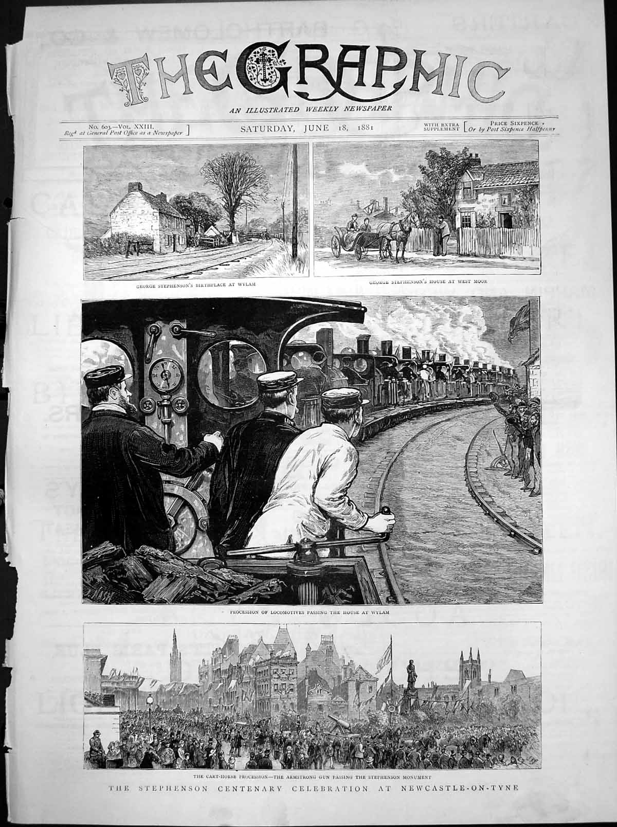 Antique Old Print Stephenson Centenary Birthplace Wylam House West Moor 1881
