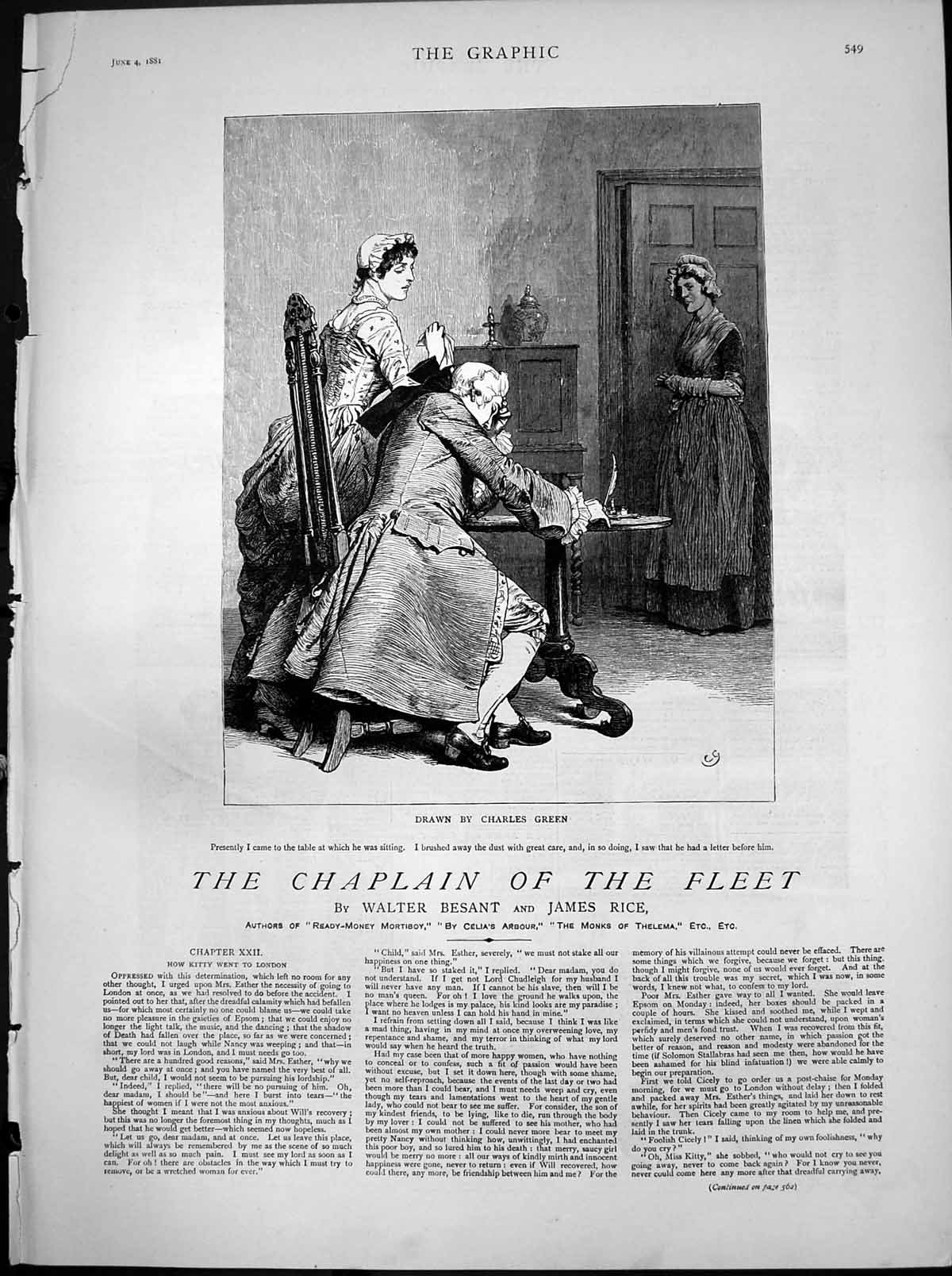 Old Print Chaplain Fleet Charles Green Lady Dusting Man Letter Table 1881 19th