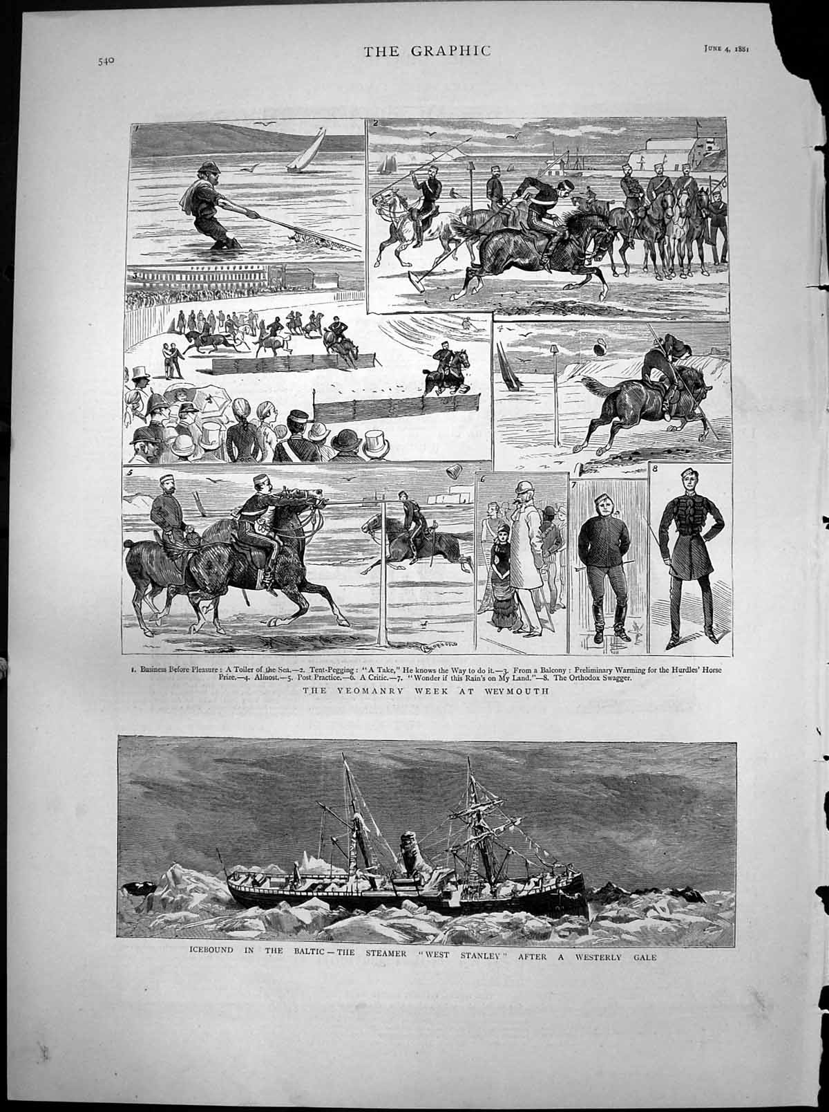 Antique Old Print Yeomanry Week Weymouth Steamer West Stanley Icebound 1881