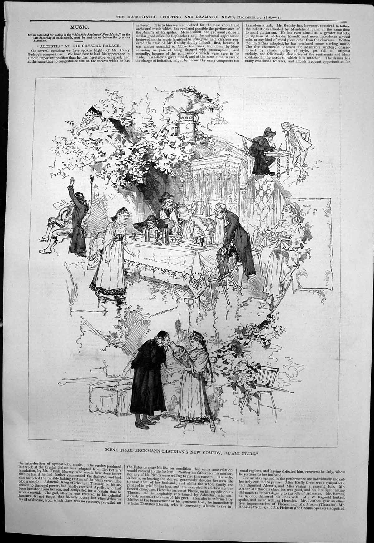 Original Old Antique Print Scene Erckmann-Chatrians New Comedy L'Ami Fritz 1876