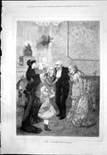 Antique Old Print Pair Crutches Montbard Man Supported Two Women Baby 1876 19th