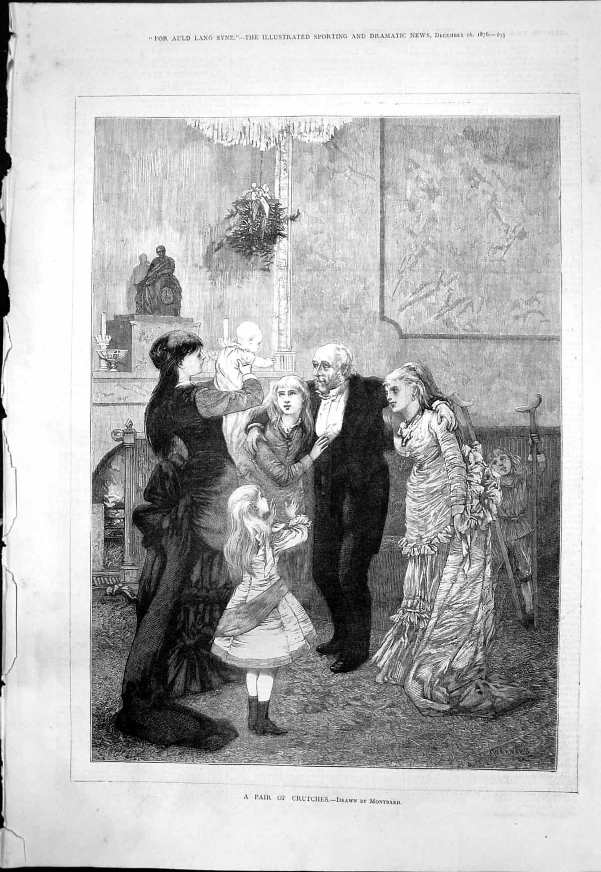 Antique Old Print Pair Crutches Montbard Man Supported Two Women Baby 1876 19th