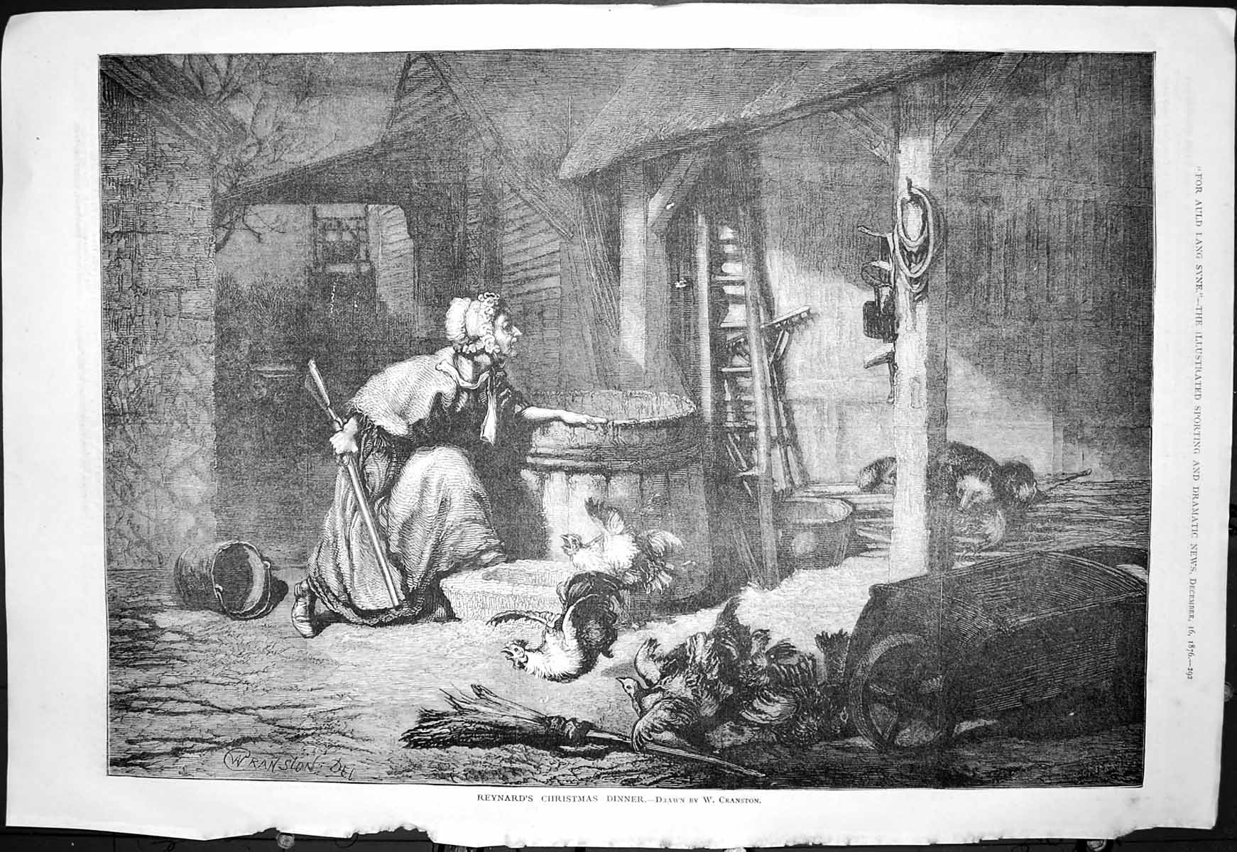 Antique Old Print Reynalds Christmas Dinner W Cranston Lady Gun Fox Hens 1876